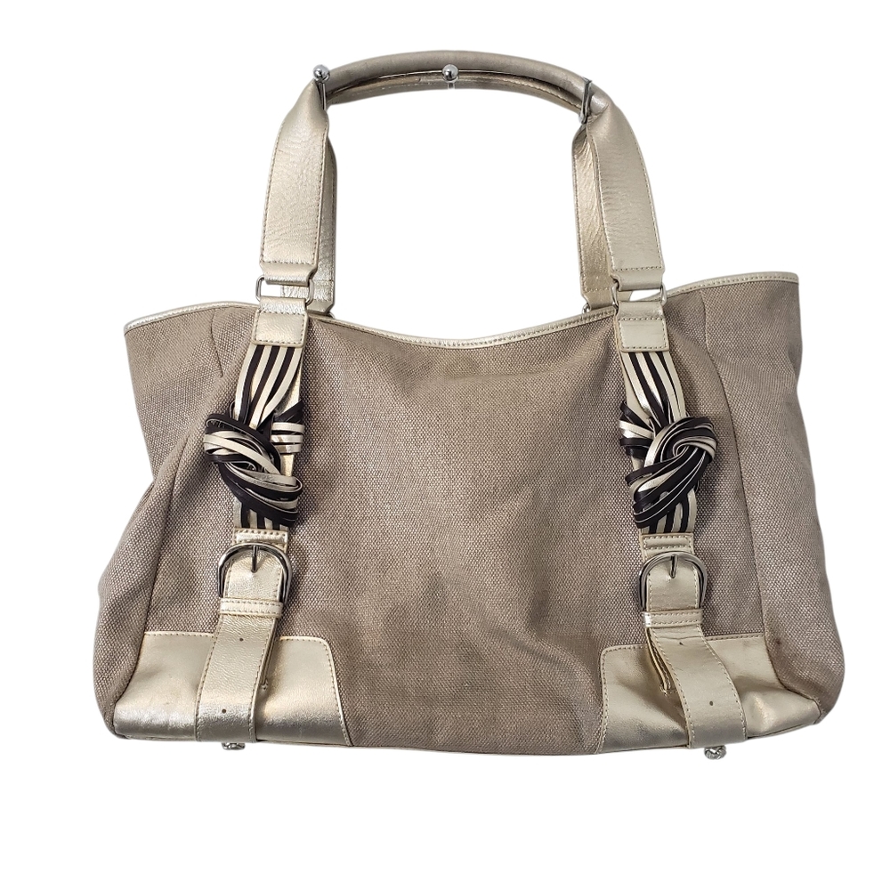 Katherine Kwei Woven Canvas Metallic And Beige Faux Leather Tote Hobo‎ Handbag